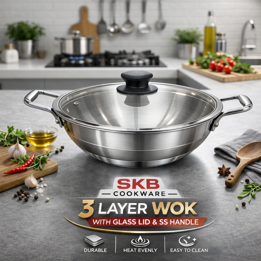 3 Induction Layer Wok With Glass Lid & SS