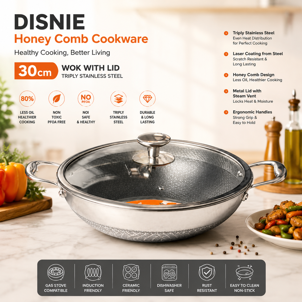 🍲 Disnie 30cm Honeycomb Wok with Lid
