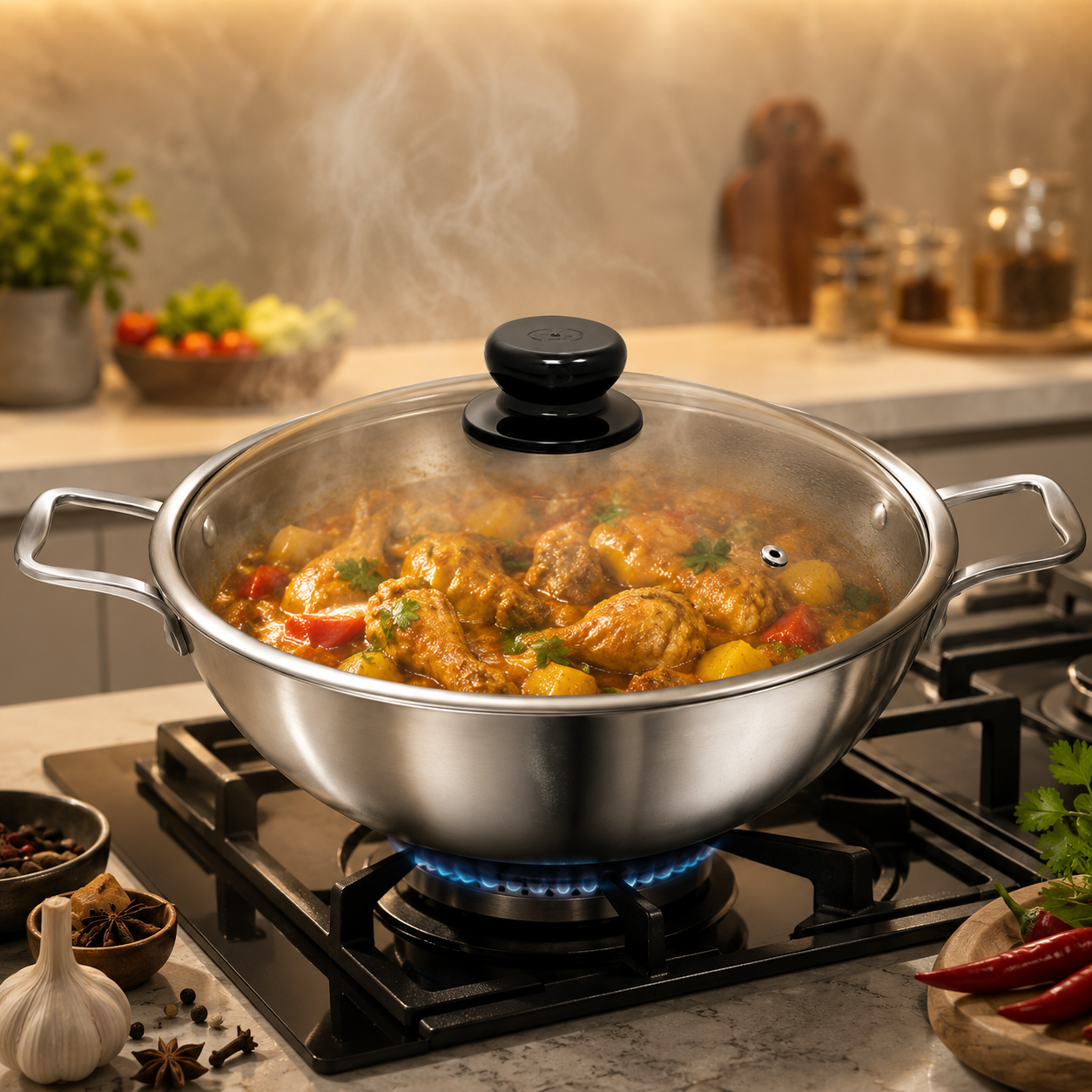 3 Induction Layer Wok With Glass Lid & SS