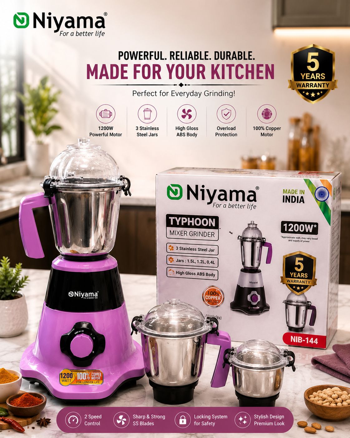 Niyama Typhoon Mixer Grinder,⚡ 1200W Copper Motor ,Powerful Grinding, Premium Performance!